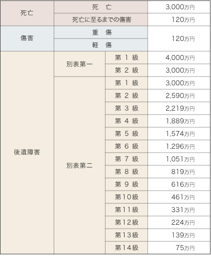 自賠責保険金額表